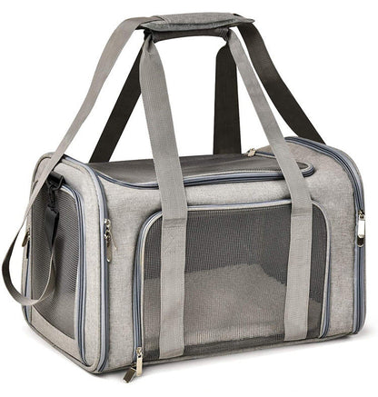 Light gray soft-sided pet carrier with mesh windows