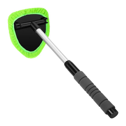 Car wash brush with green microfiber pad on a white background