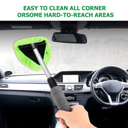 Car cleaning tool with green pad cleaning a car's windshield, text 'Easy to clean all corner orsome hard-to-reach areas' above.