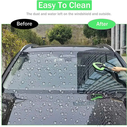 Car windshield cleaning tool before and after use on a car window with water droplets.