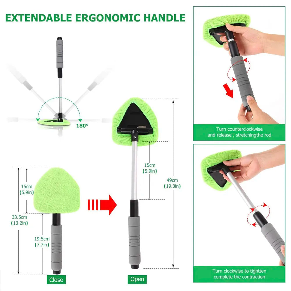 Extendable ergonomic cleaning tool with green cleaning pads and gray handle, showing assembly and usage instructions.