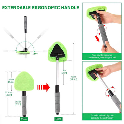 Extendable ergonomic cleaning tool with green cleaning pads and gray handle, showing assembly and usage instructions.