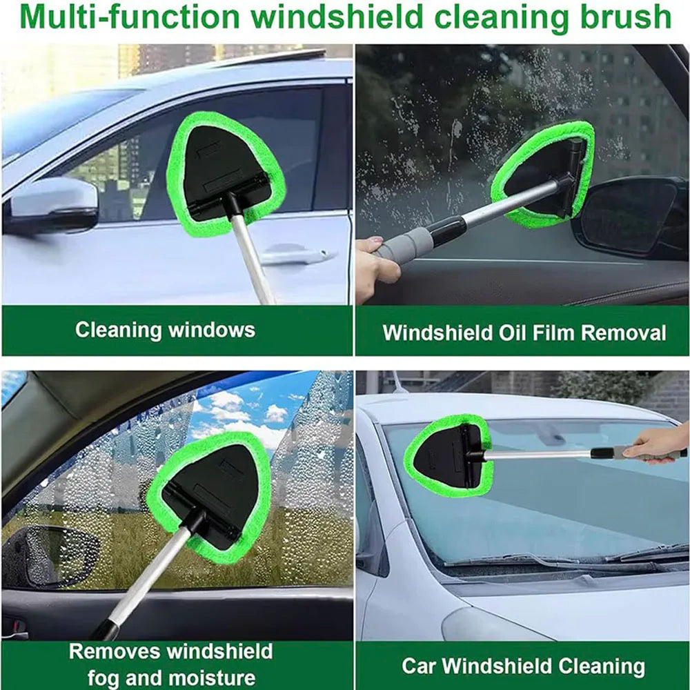 Multi-function windshield cleaning brush with various uses on a car.