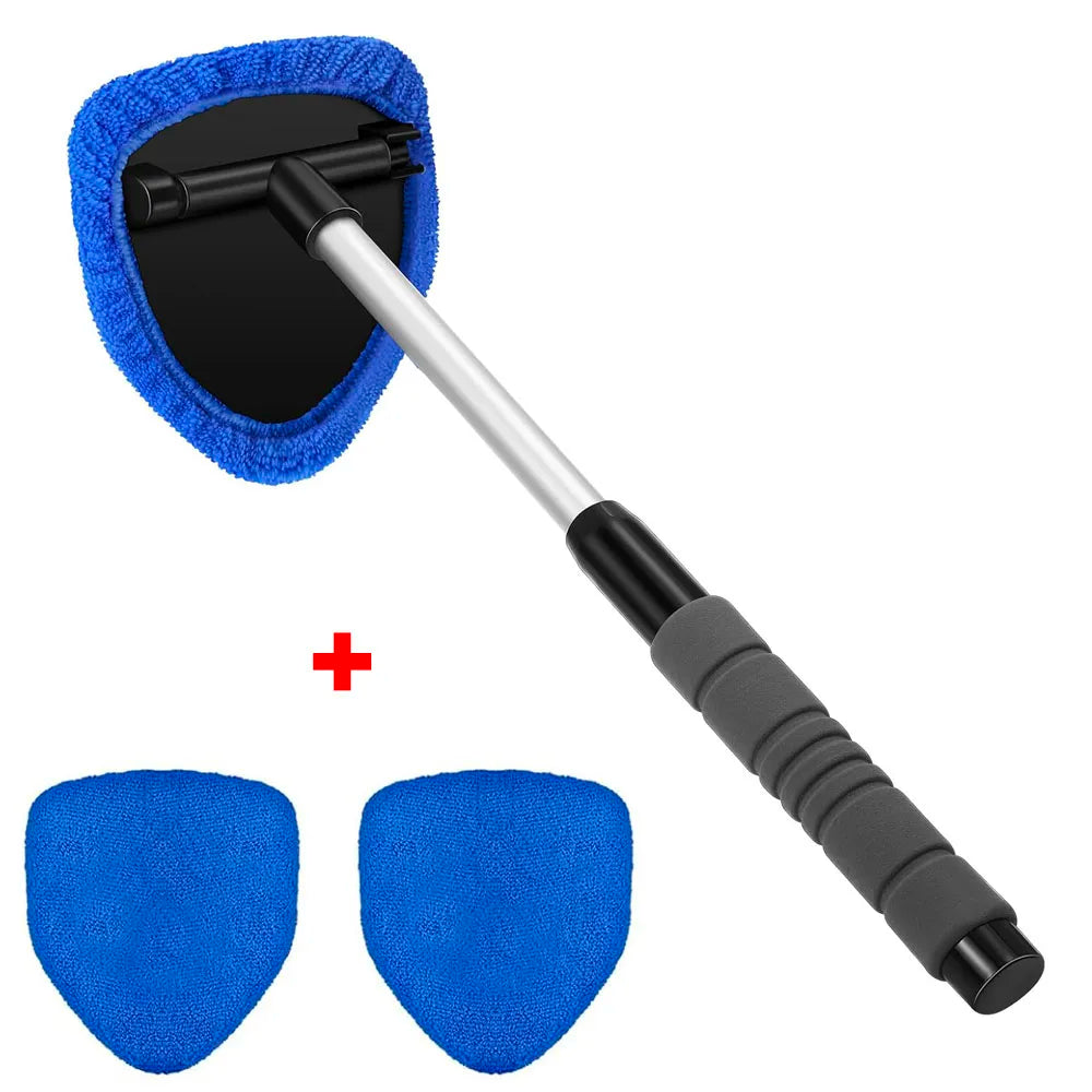 Car window cleaning tool with blue microfiber pads on a white background