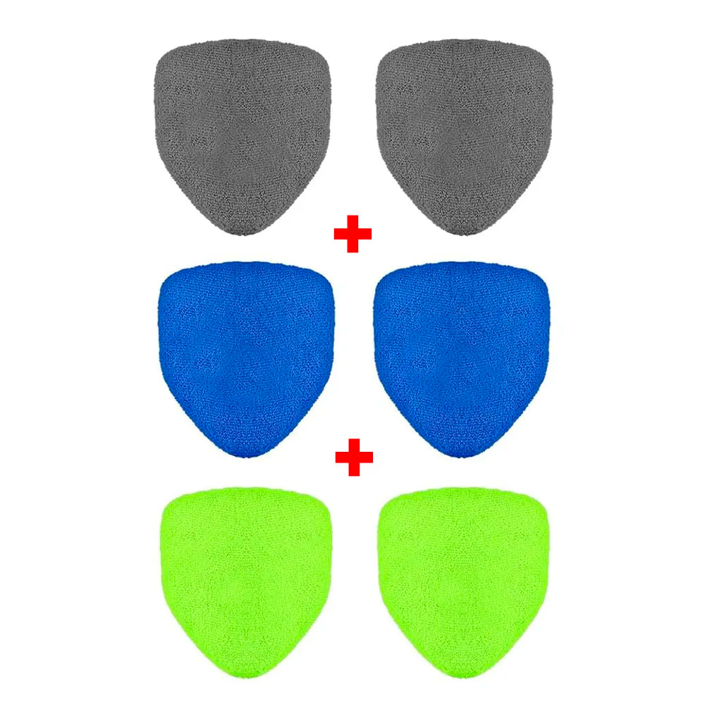 Set of four guitar picks in gray, blue, and green on a white background