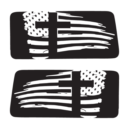 Flag Cross Rear Window Jeep Graphics – Die-Cut Patriotic Christian Decal Set (2-Piece, Model-Specific Fit)