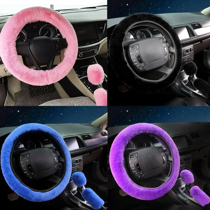 Collage of pink, blue, and purple steering wheel covers on a car dashboard.