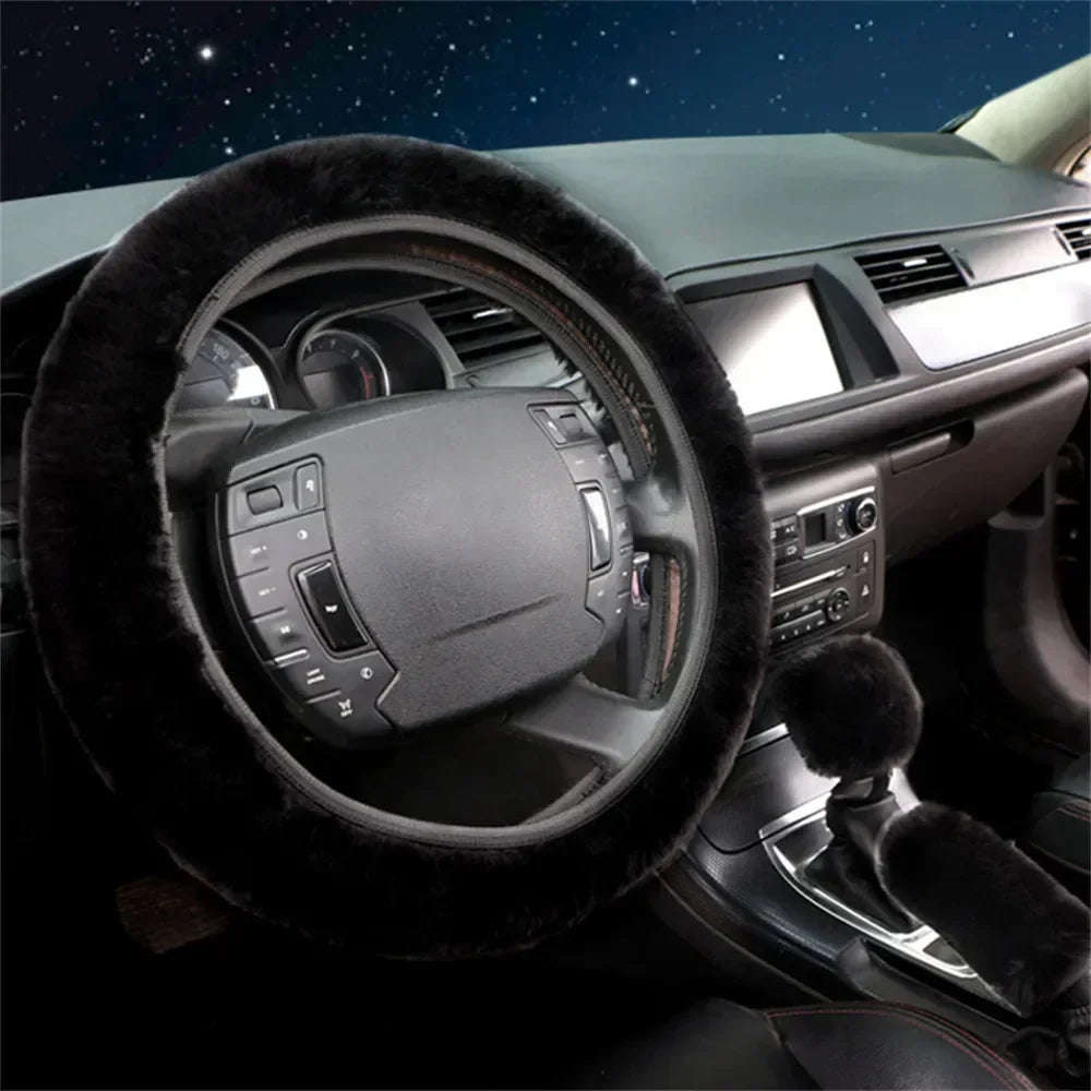 Car interior with a steering wheel cover on a dark background