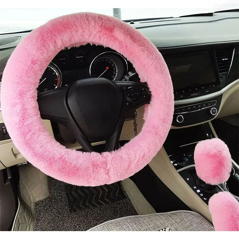 Fluffy Faux-Wool Steering Wheel Cover Set – 3 Pieces, 38 cm