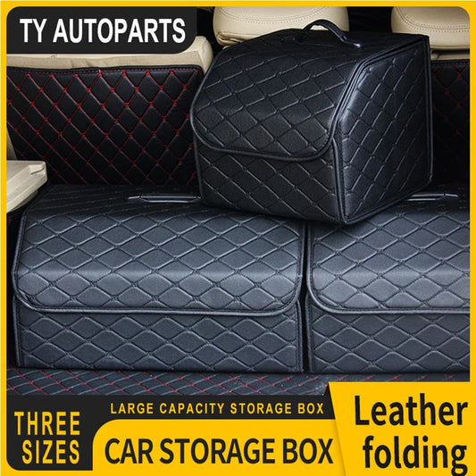 Three black quilted car storage boxes with a faux leather finish, shown stacked inside a vehicle trunk. The image features a yellow border with text overlays including 'TY AUTOPARTS', 'THREE SIZES', 'LARGE CAPACITY STORAGE BOX', and 'Leather folding'.