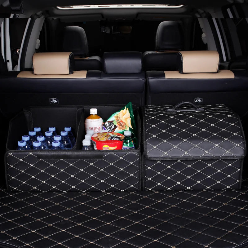 Car trunk with organizer tray, water bottles, and snacks on a black textured floor.