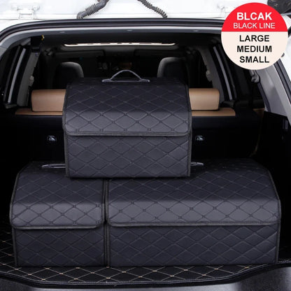 Black quilted car trunk organizer in a vehicle with size options displayed.
