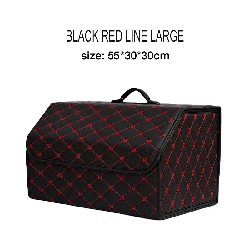 Black storage box with red stitching on a white background