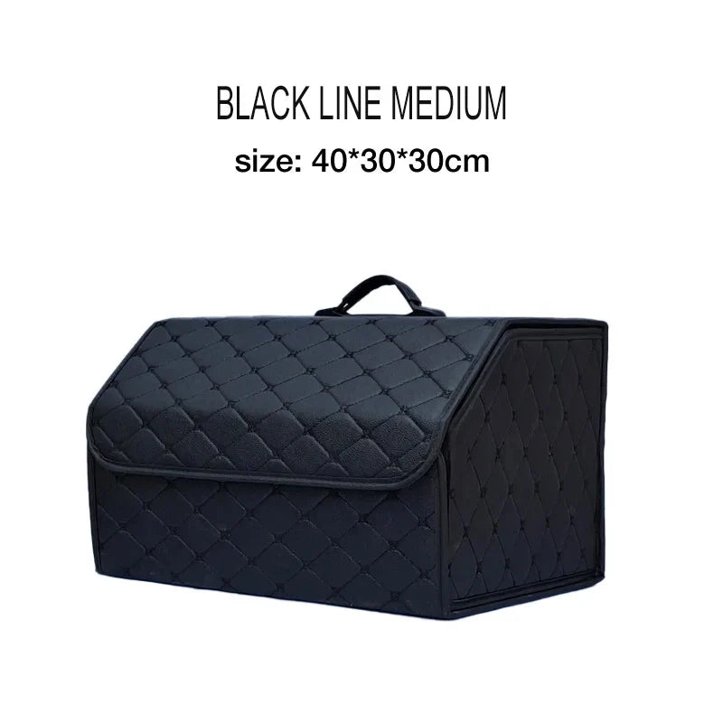 Black quilted storage box with size information on a white background