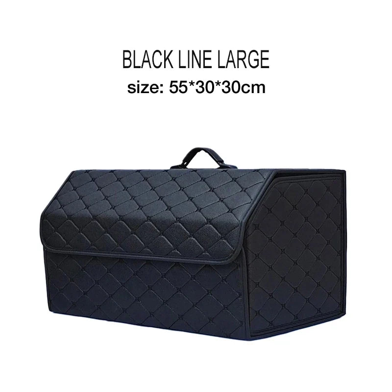 Black quilted trunk organizer with size information on a white background