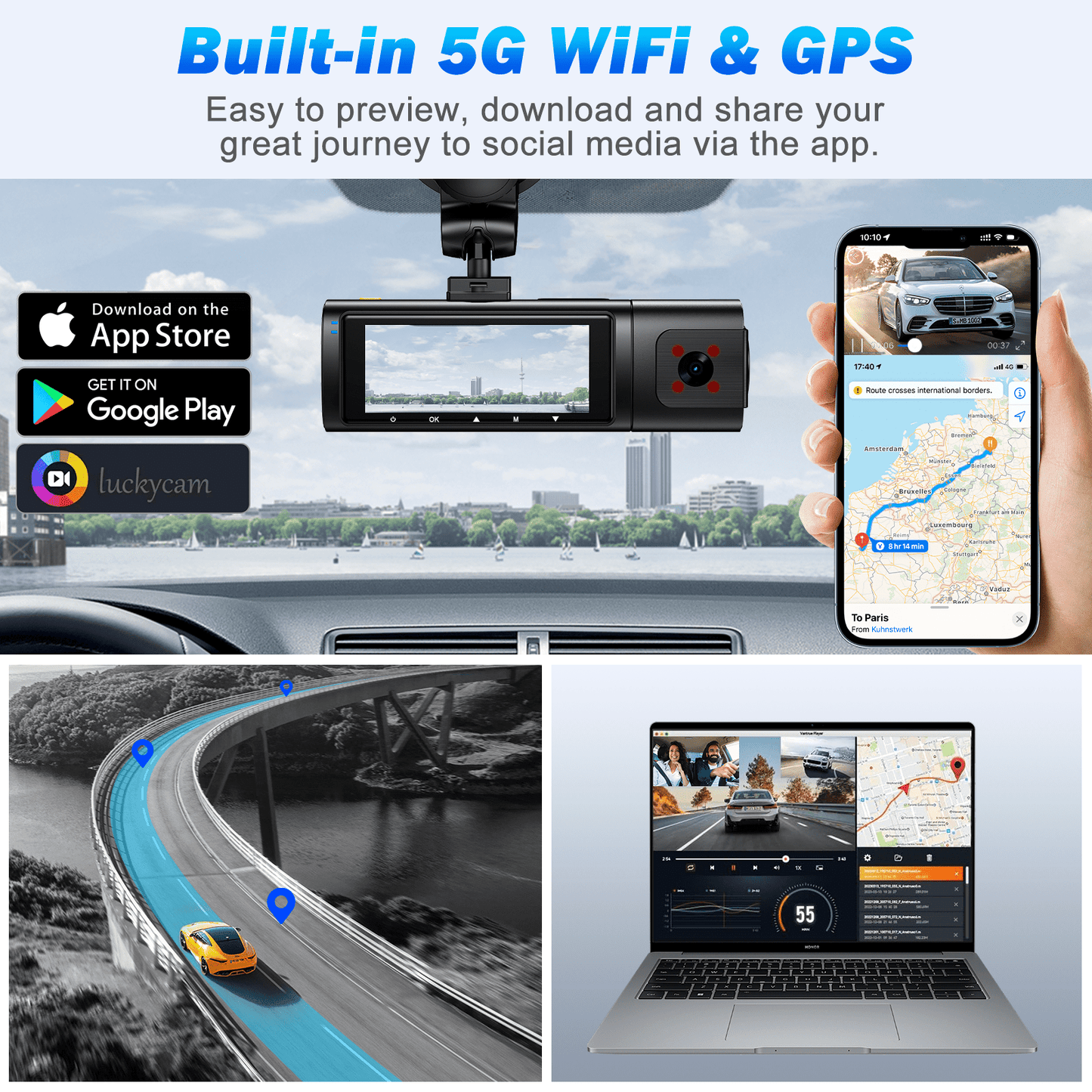 Front and Rear 4K Full HD Dash Cam with Built-In Wifi GPS & Super Night Vision