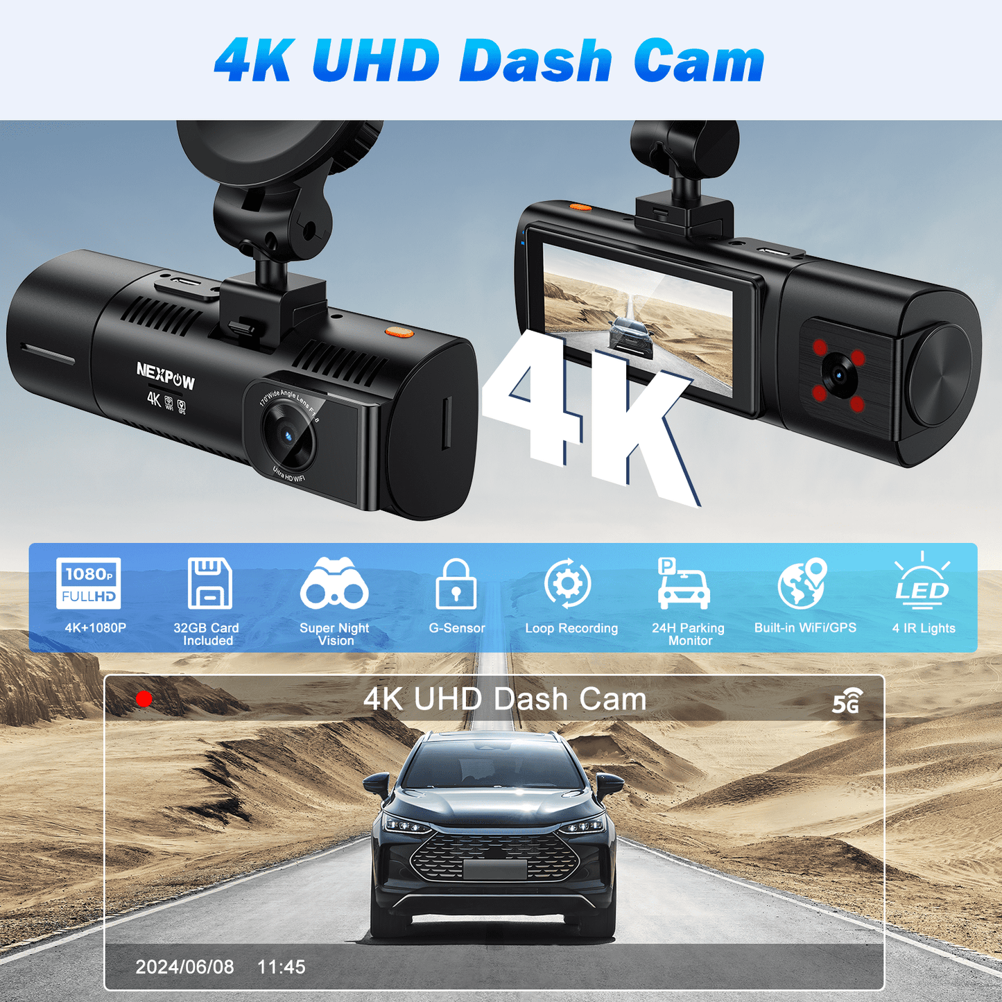 Front and Rear 4K Full HD Dash Cam with Built-In Wifi GPS & Super Night Vision