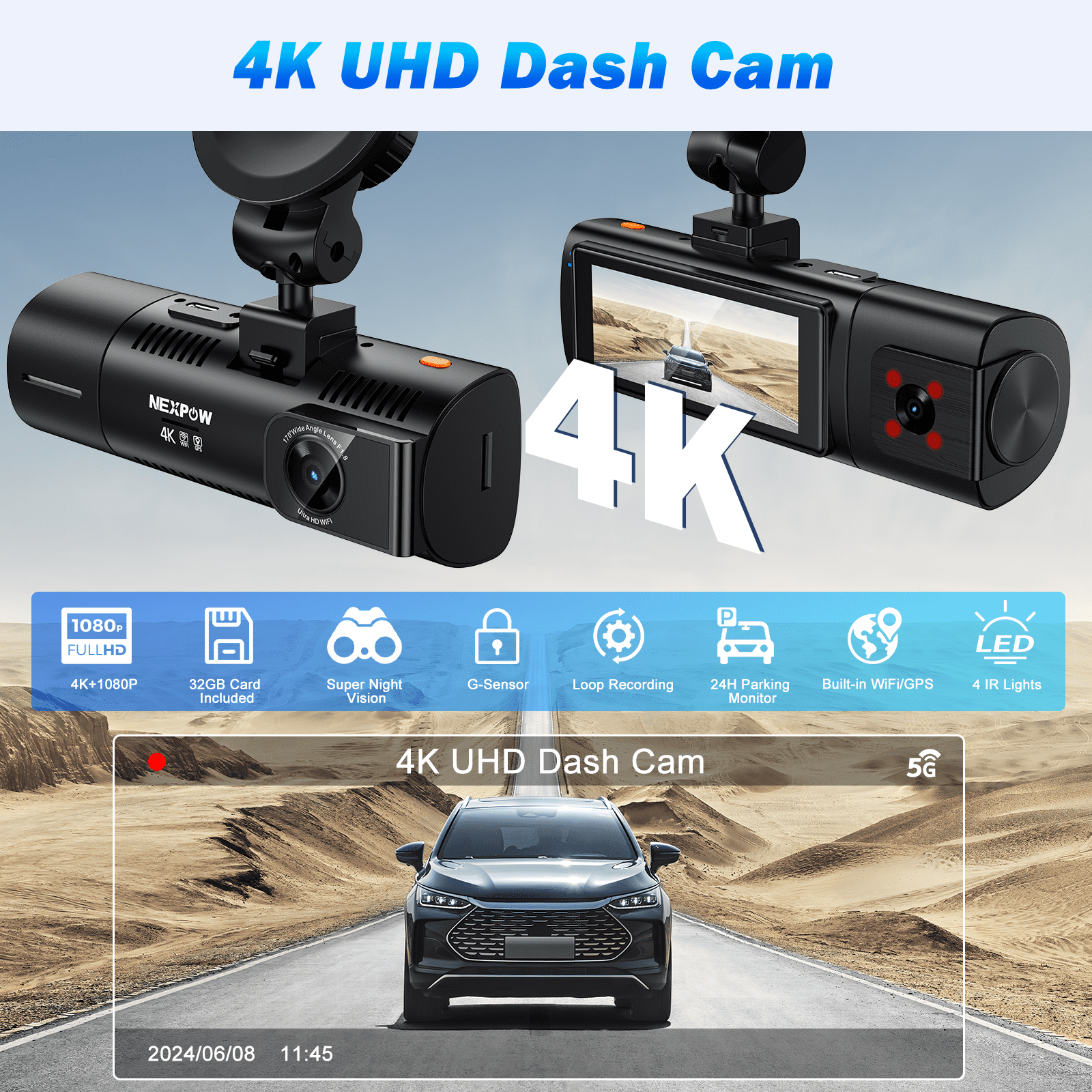 Front and Rear 4K Full HD Dash Cam with Built-In Wifi GPS & Super Night Vision
