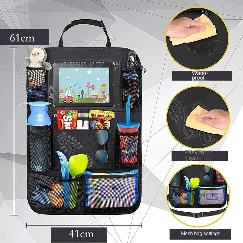 Car organizer with various compartments and a screen displaying cartoon characters, with insets showing its features.