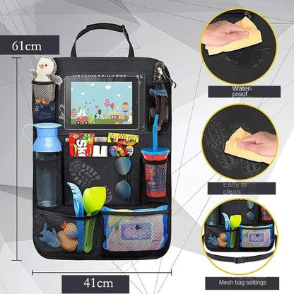 Car organizer with various compartments and a screen displaying cartoon characters, with insets showing its features.
