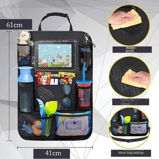 Car organizer with various compartments and a screen displaying cartoon characters, with insets showing its features.