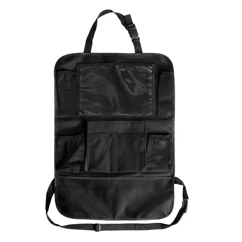 Black car seat organizer with multiple pockets on a white background