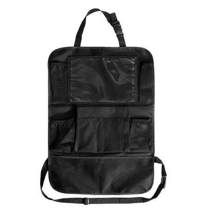 Black car seat organizer with multiple pockets on a white background