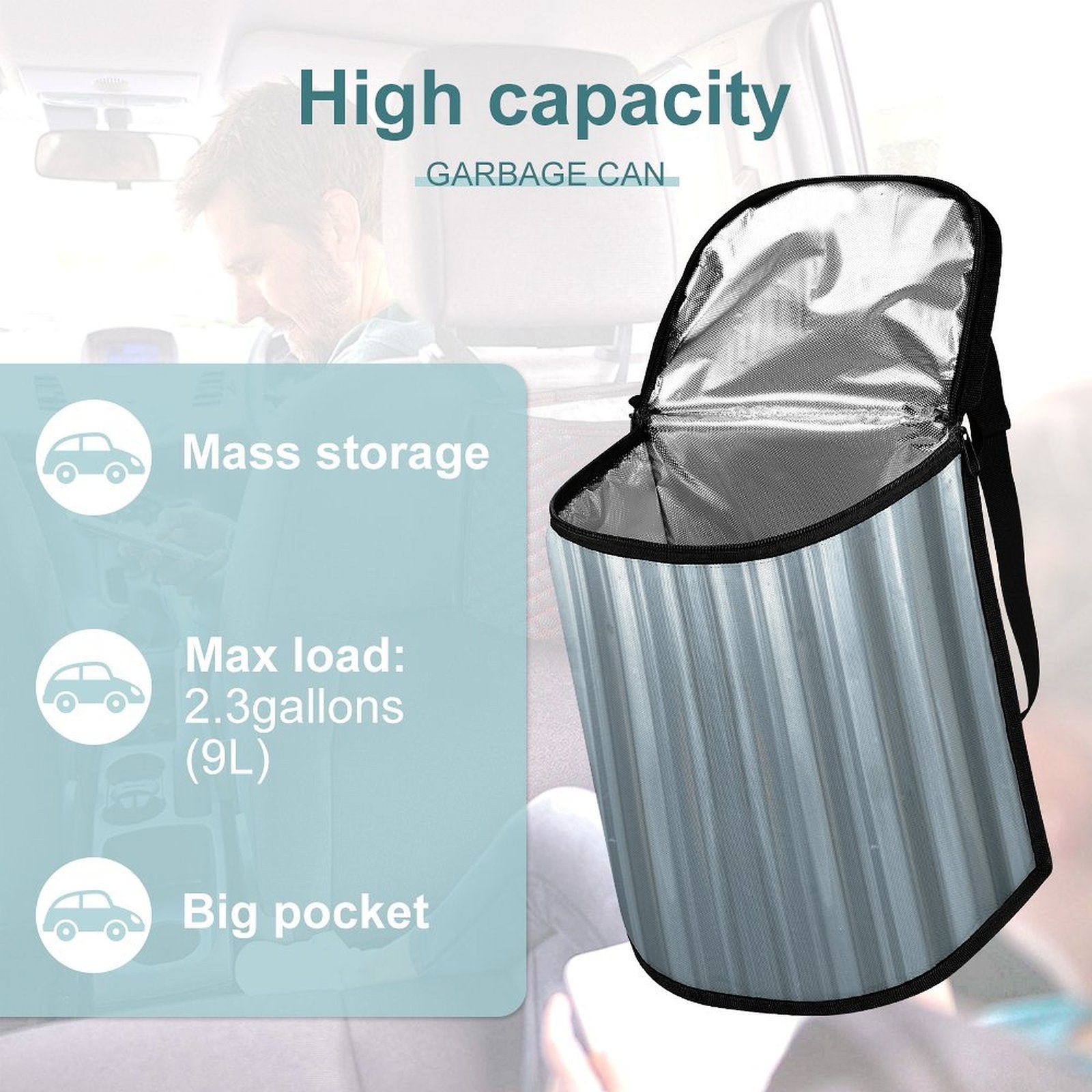 Galvanized Steel Look Car Trash Can Bag – Waterproof Hanging Garbage Storage Organizer