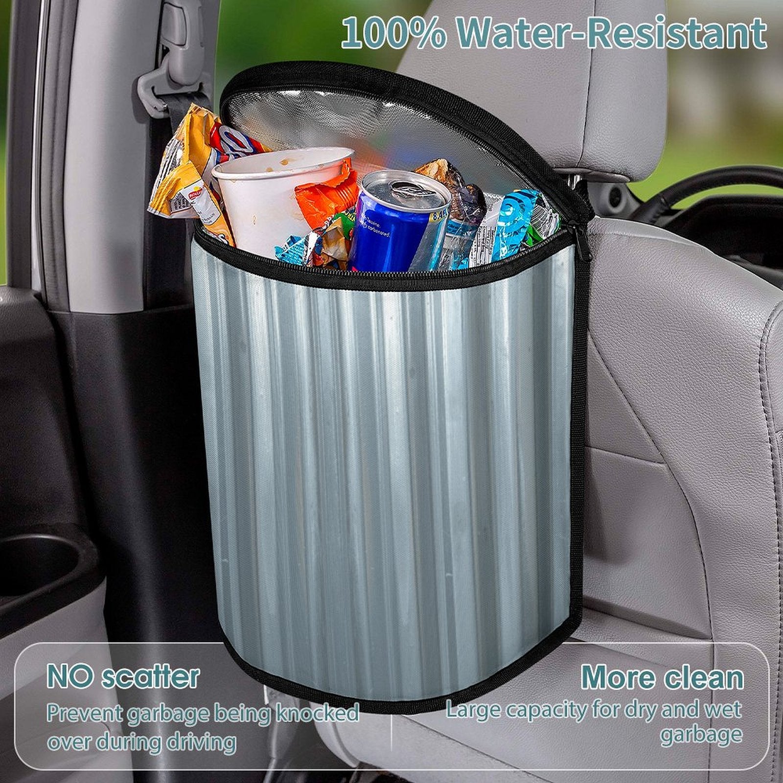 Galvanized Steel Look Car Trash Can Bag – Waterproof Hanging Garbage Storage Organizer