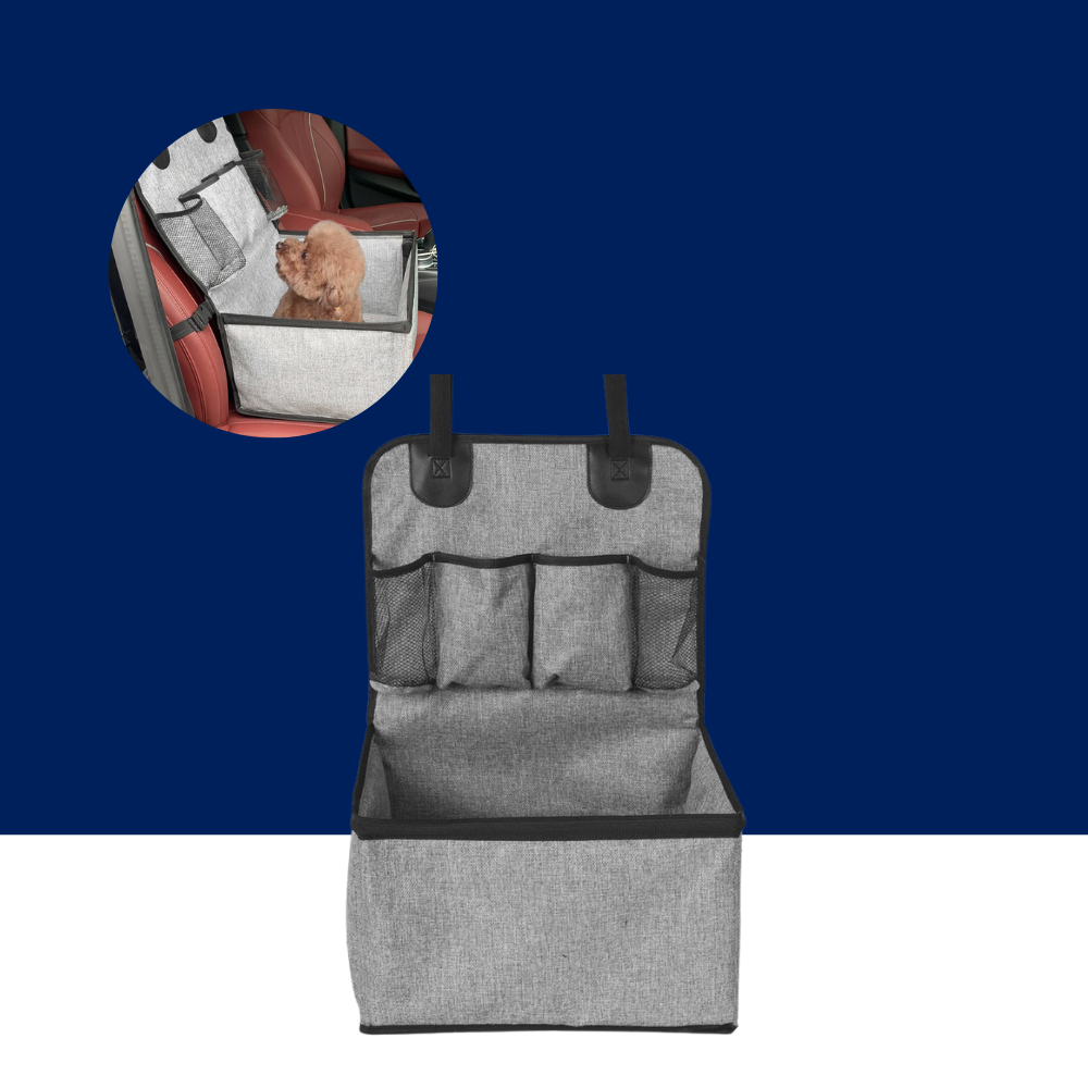 Gray fabric car seat organizer with black trim and multiple mesh pockets, shown open on a dark blue and white background. A circular inset shows the organizer installed on a car seat with a small dog sitting inside.