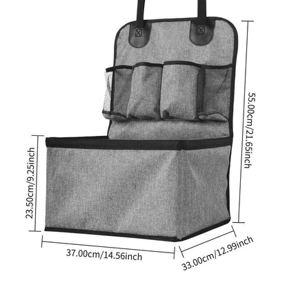 Car organizer with storage pockets and dimensions on a white background