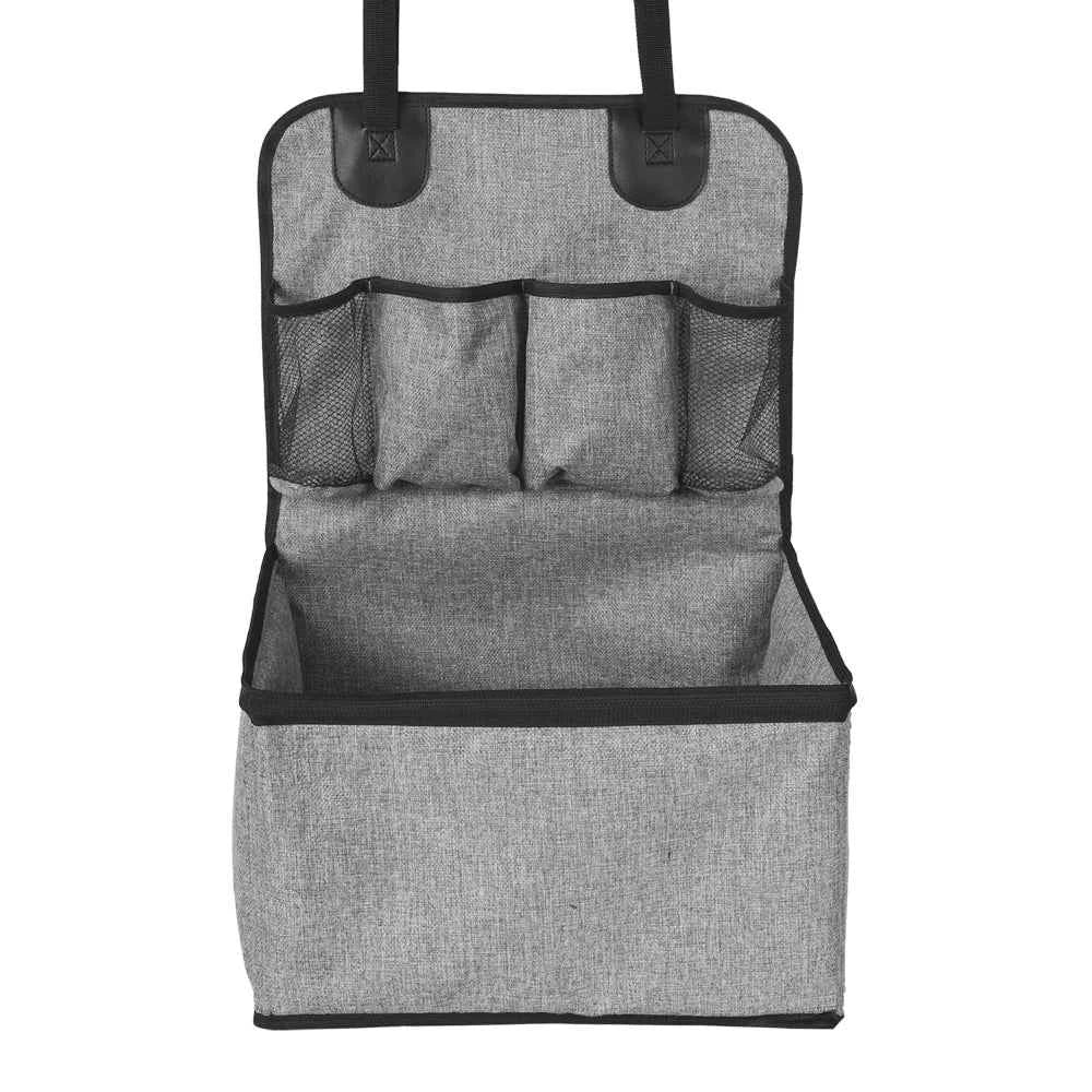 Gray car organizer with multiple pockets on a white background