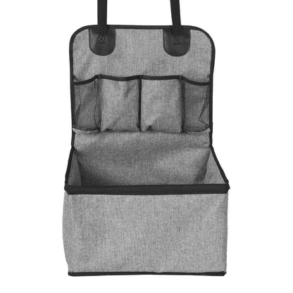 Gray car organizer with multiple pockets on a white background