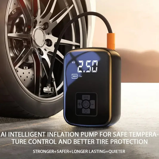 An AI intelligent tire inflation pump with a digital pressure display, shown in a lifestyle setting next to a car wheel.