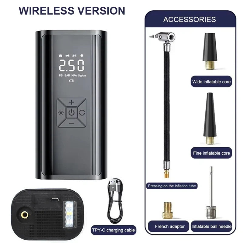 Wireless air pump with accessories on a white background