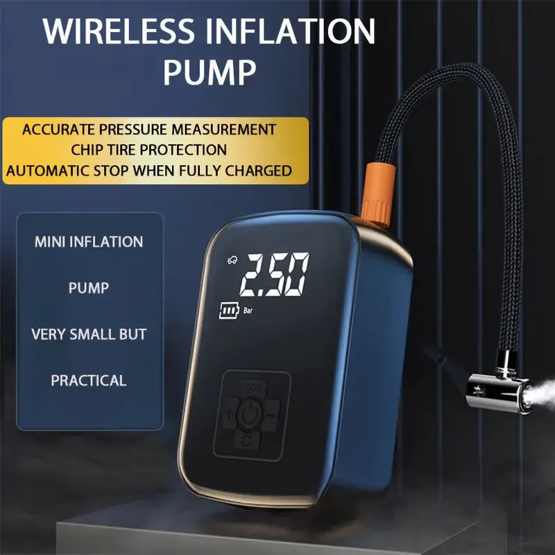 Wireless inflation pump with digital display on a dark background
