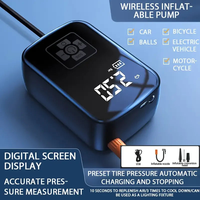 Wireless inflatable pump with digital display on a blue background