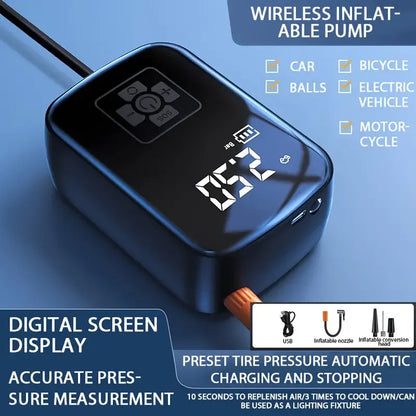 Wireless inflatable pump with digital display on a blue background