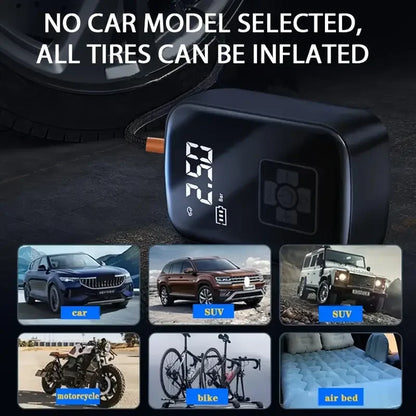 Digital tire inflator with tire pressure monitoring system on a dark background, showing various vehicle types.