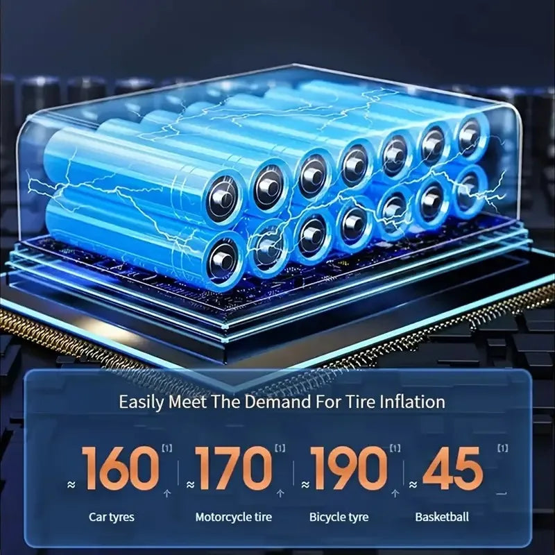 Blue battery pack with digital display on a dark background