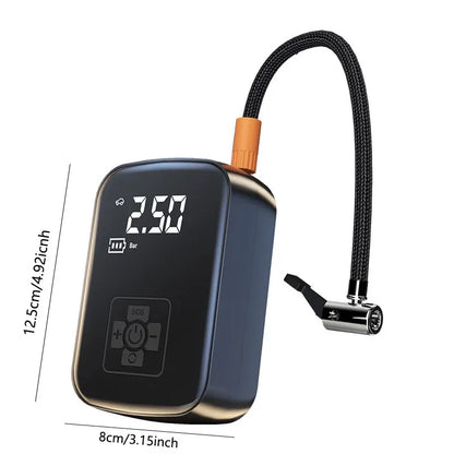 Digital air pump with hose and measurement display on a white background