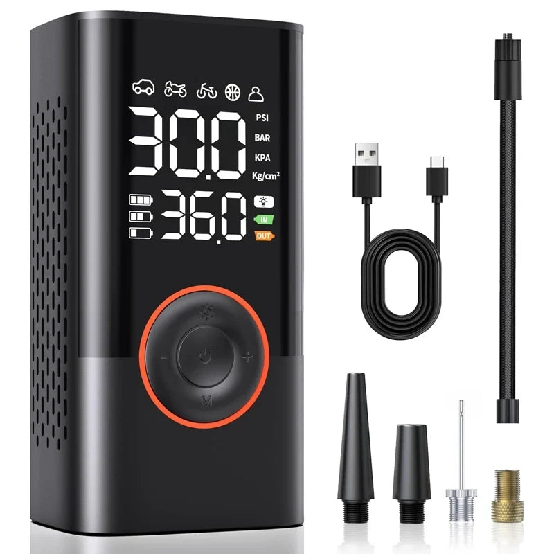 Digital tire pressure monitor with accessories on a white background