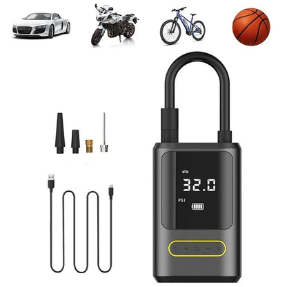 Black portable air compressor with digital display and accessories on a white background, with images of a car, motorcycle, bicycle, and basketball above.
