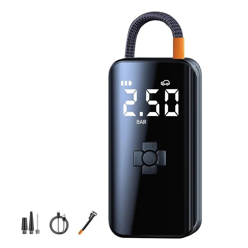 Black digital air pump with digital display on a white background