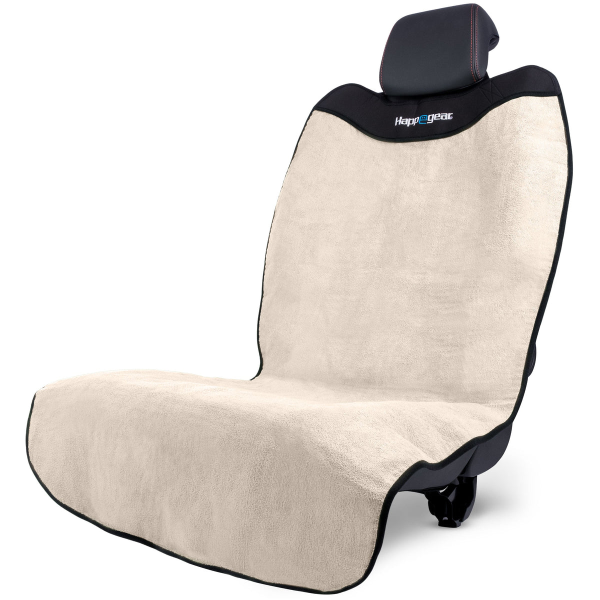 Car seat cover with black trim and beige fabric on a white background