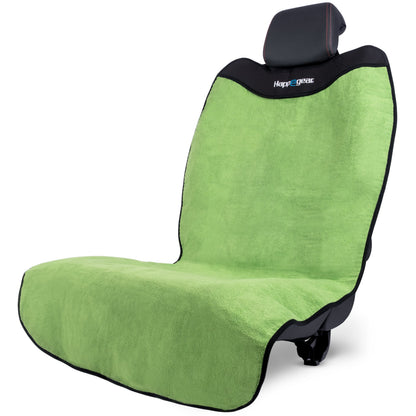 Green car seat cover with black edges on a white background