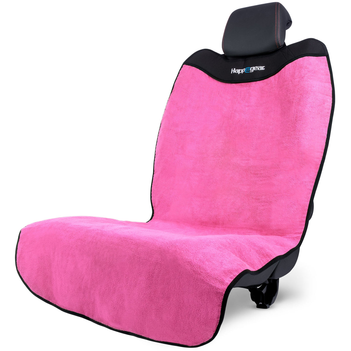 Pink car seat cover with black edges on a white background