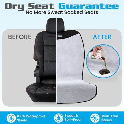 Happeseat promotional graphic comparing an uncovered seat with a silver cover and a liquid-spill demonstration
