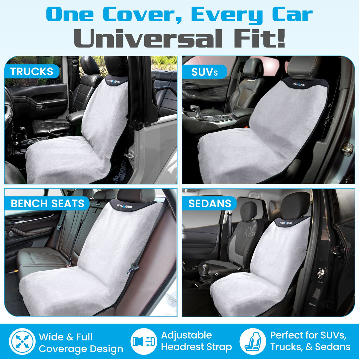 Happeseat cover shown on truck, SUV, bench-seat position, and sedan seats