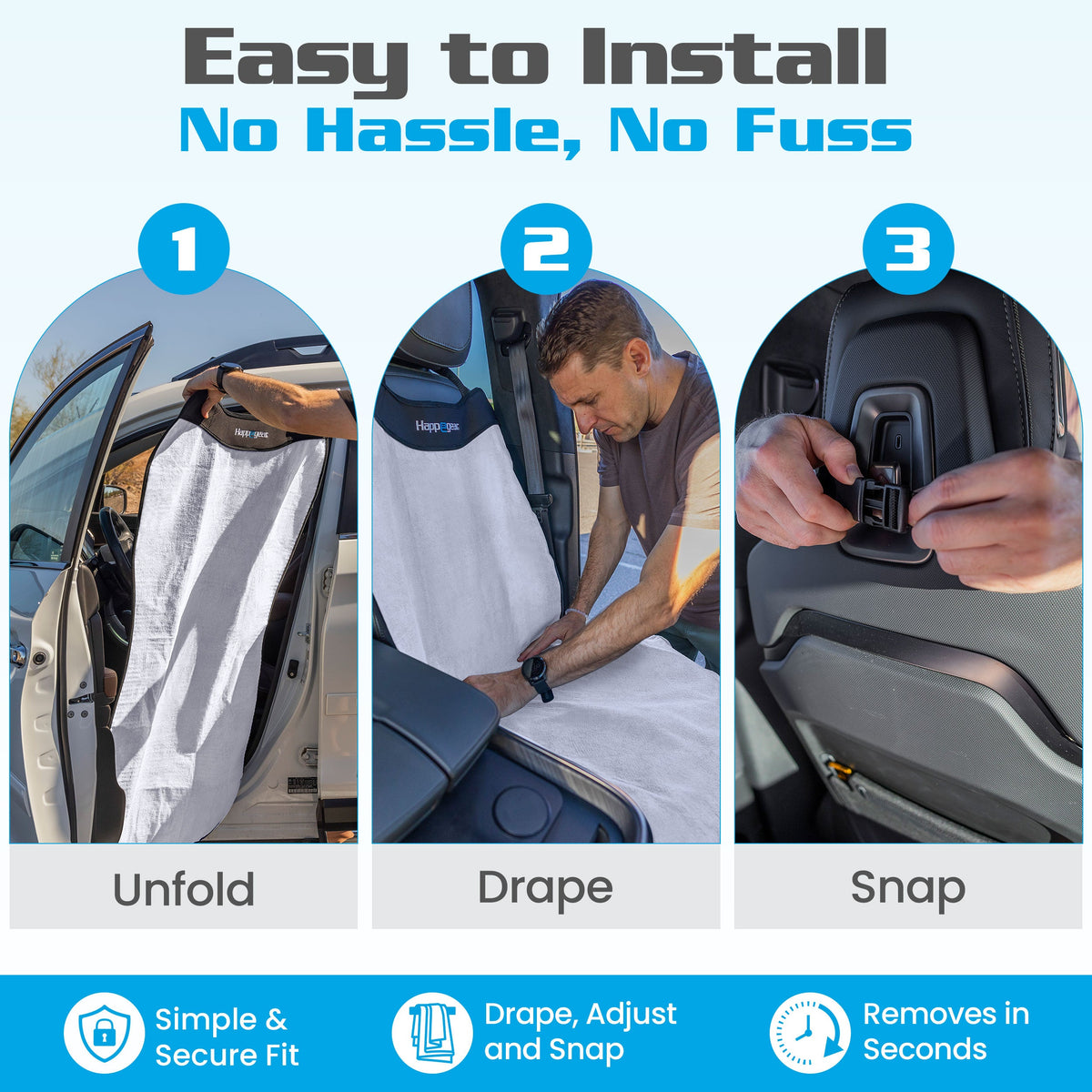 Happeseat installation steps showing unfolding, draping over the seat, and fastening the buckle